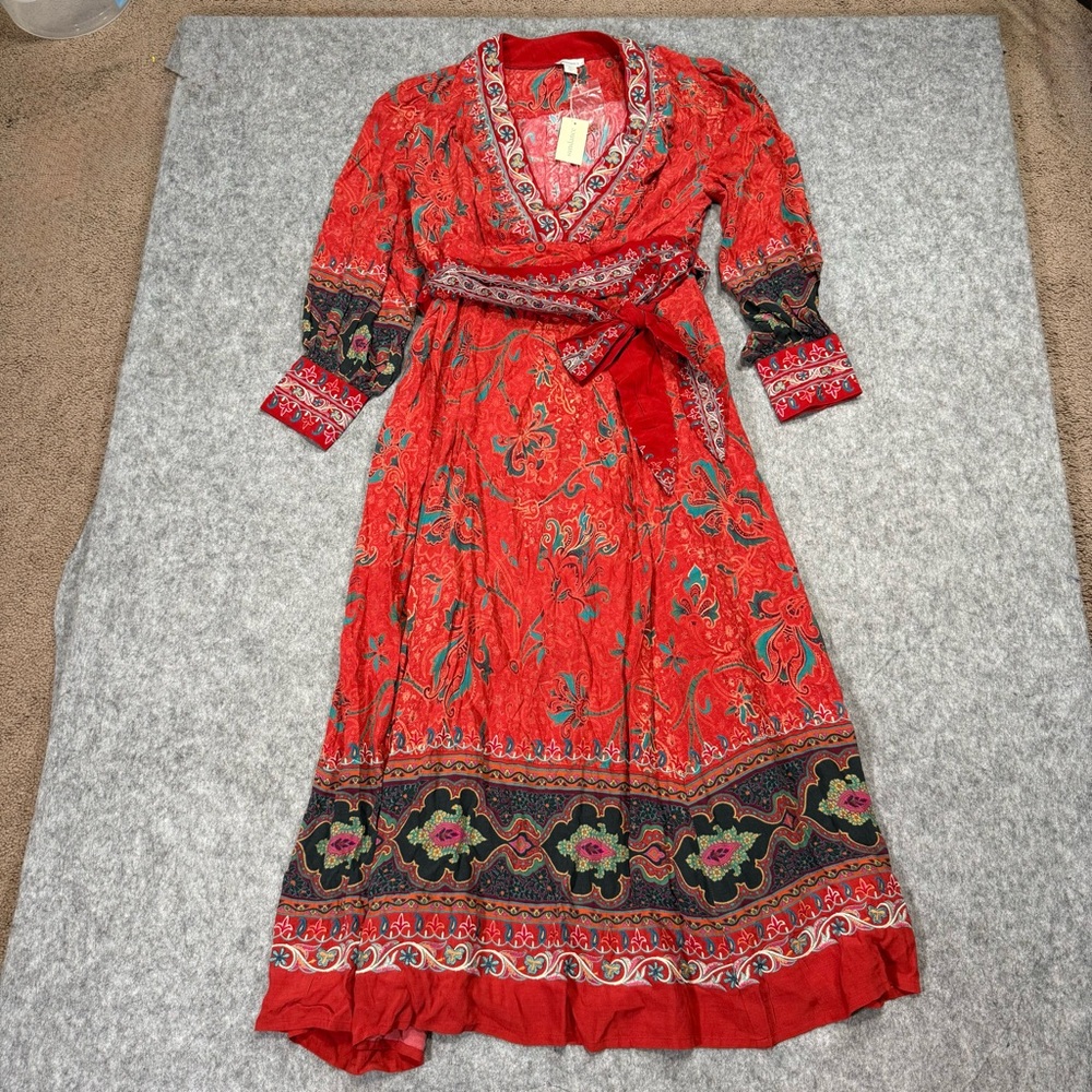 Sundance Le Grand Amour Dress Womens Petite Large Red Embroidered Pockets Belt